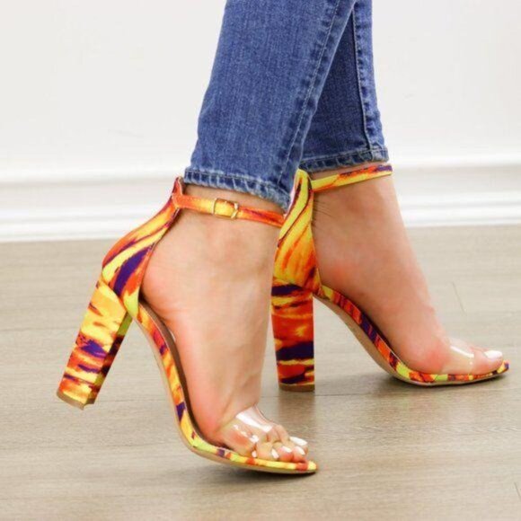 Ankle Strap Chunky Heeled Sandals, Clear Toe Band - Picture 2 of 9